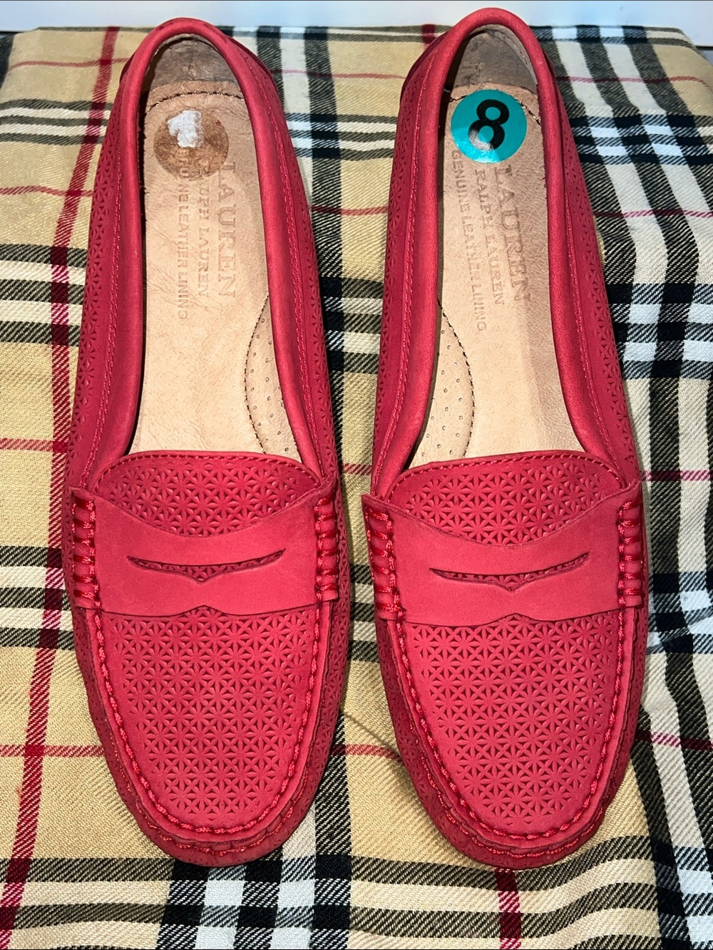 Lauren Ralph Lauren Red Perforated Leather Penny Loafers, size 8